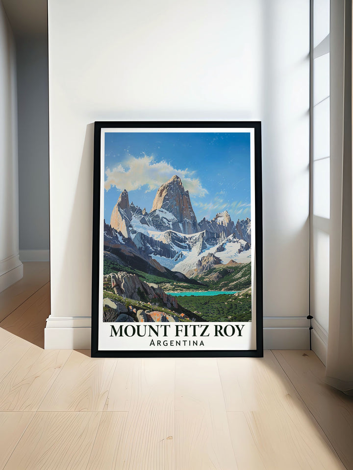 Stunning Mt Fitz Roy Poster showcasing the majestic peaks of Patagonia perfect for modern decor and elegant home settings vibrant colors and intricate details bring the beauty of South America into your living space