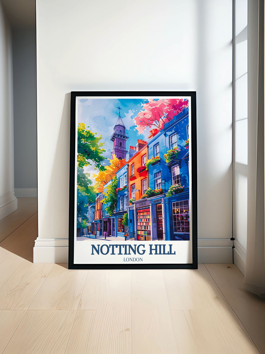 Notting Hill poster showcasing Portobello Road and St. Peters Church along with vibrant West London streets ideal for home decor or as a perfect gift for those who love vintage London art and want to celebrate the beauty of Notting Hill Bookshop and its charm