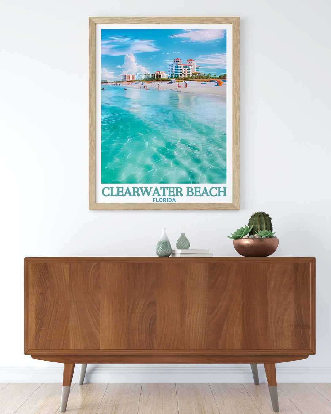 Add modern decor to your home with this stunning Clearwater Beach art print. The design highlights the natural beauty of Florida and brings a peaceful coastal vibe to any room. Ideal as a Florida travel gift for beach enthusiasts and travelers.