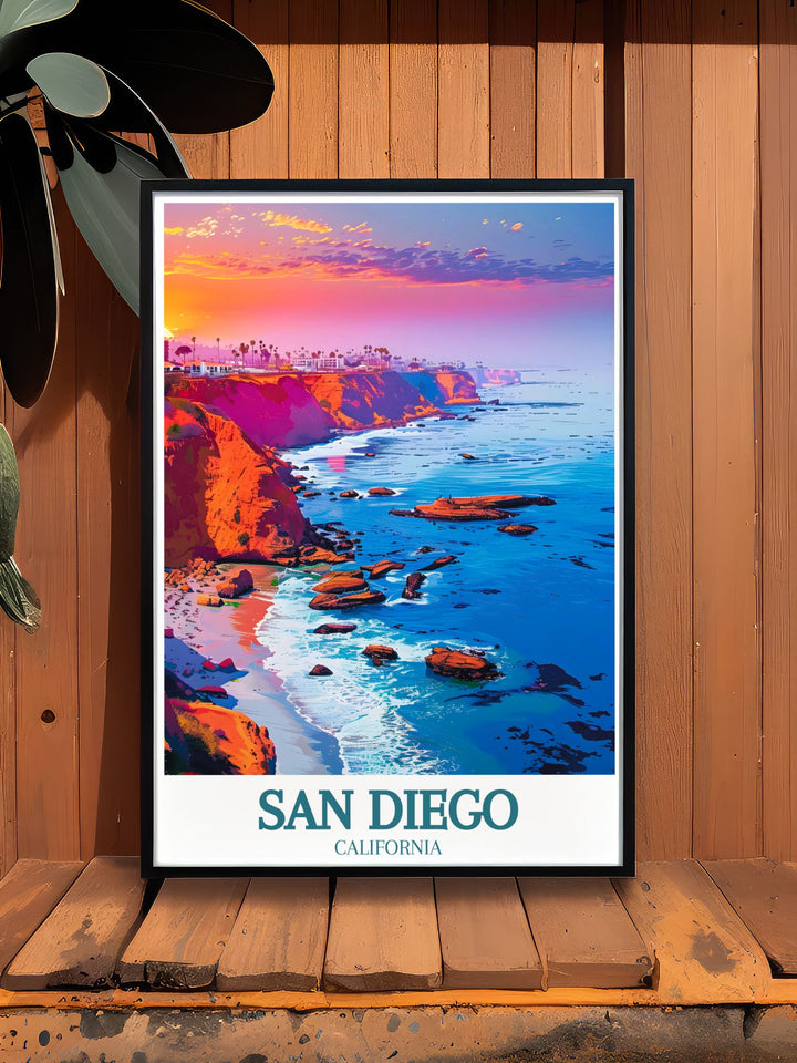 Discover the charm of San Diego with La Jolla Cove artwork. This vintage print captures the essence of California decor and makes an excellent California gift. Perfect for travelers and art lovers alike, adding a touch of coastal beauty to any room.