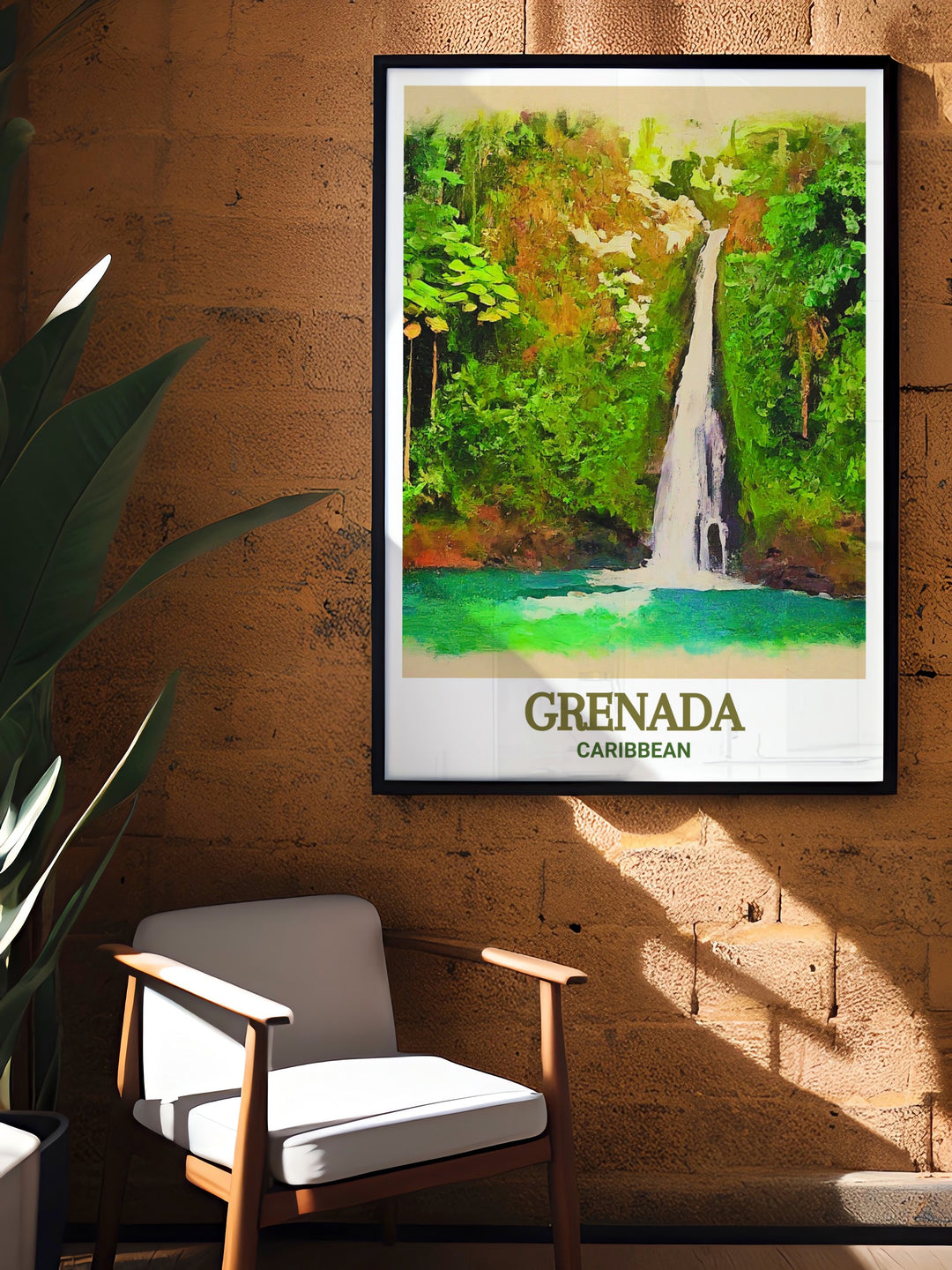 Annandale Falls art print showcasing the vibrant colors and intricate details of Grenadas natural wonder. Ideal for adding a touch of elegance and charm to any room.