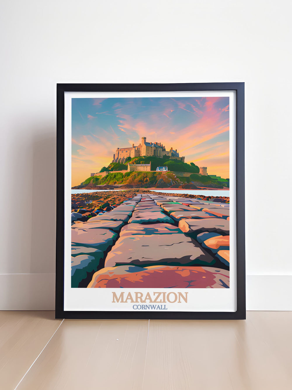 Enhance your home with St. Michaels Mount modern prints showcasing the picturesque scenery of Marazion Cornwall ideal for any room these prints bring the serene beauty of the coast into your living space