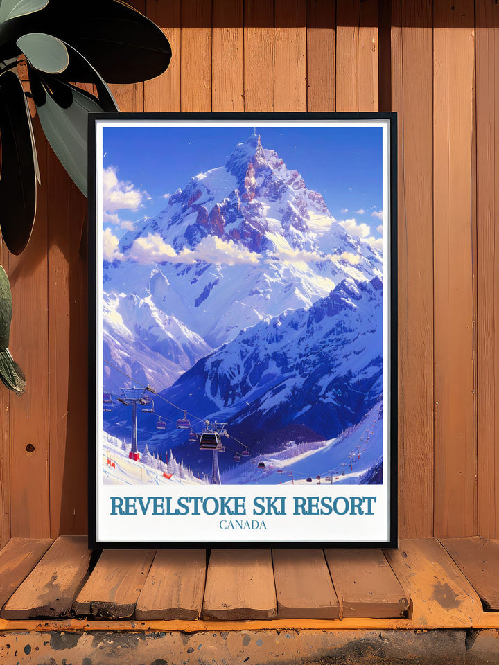 Framed Print Art of Mount Mackenzie and the Revelation Gondola cable car. This bucket list print captures the essence of skiing in Revelstoke Canada. A perfect gift for ski enthusiasts and those who love mountain resort decor.