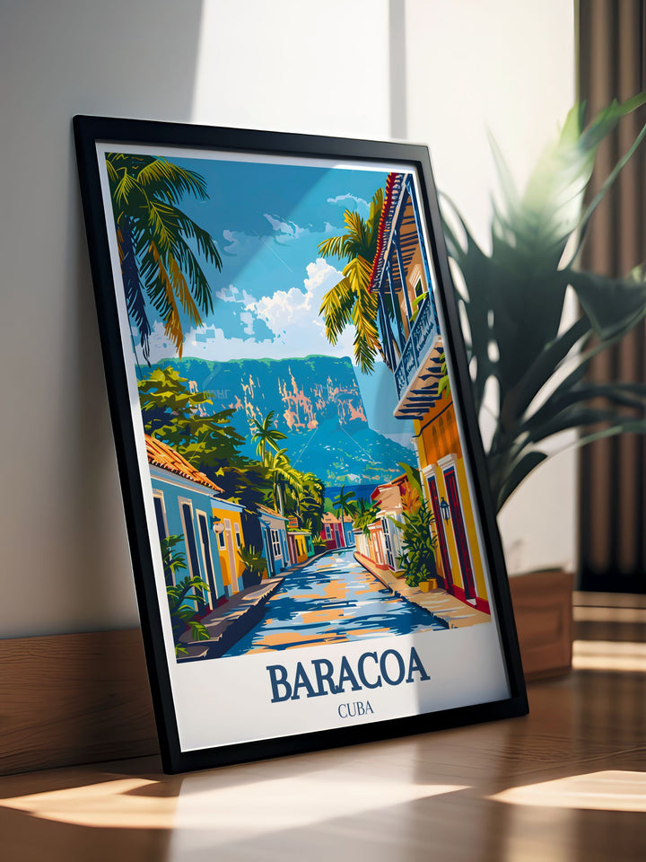 High quality Cuban travel poster of Baracoa, capturing the iconic El Yunque Mountain and the serene Bay of Honey. Perfect for nature lovers and those who appreciate the beauty of Cubas landscapes, enhancing your home or office decor.