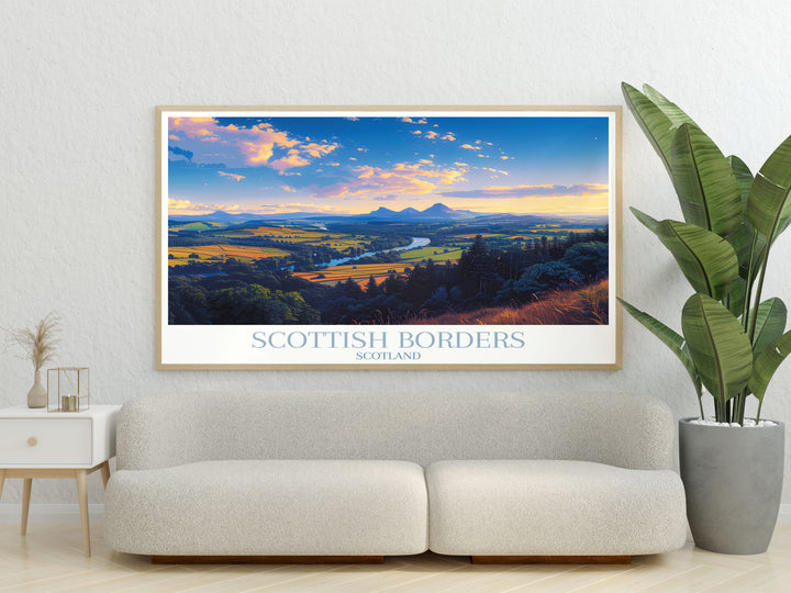 Experience the breathtaking landscapes of the Scottish Borders with this Scotts View print Perfect for adding elegance to any room this artwork captures the natural beauty of Scotland making it an ideal choice for nature prints and Scottish home decor