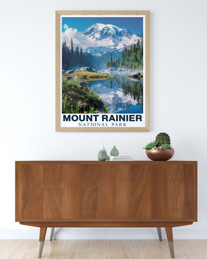 Vintage travel print of Mount Rainier evoking nostalgia reminiscent of classic travel posters ideal for those who love retro aesthetics and want to bring a piece of Washington State into their home