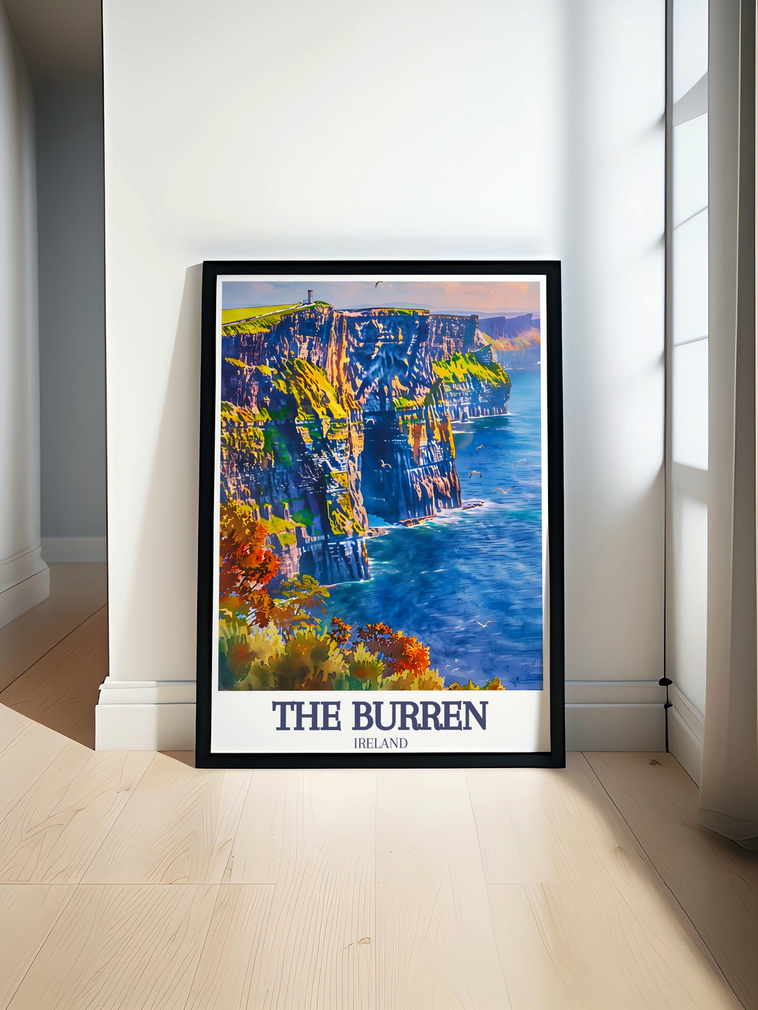 Stunning art print of Burren National Park County Clare showcasing the natural beauty of Irelands rugged landscape paired with the dramatic Cliffs of Moher Atlantic Ocean perfect for wall decor and a thoughtful gift