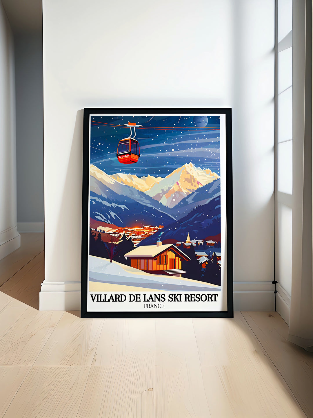 Villard de Lans village and Vercors mountains are beautifully depicted in this vintage ski resort poster print making it perfect for home decor or as a unique gift for anyone who loves winter sports or the scenic beauty of the French Alps.