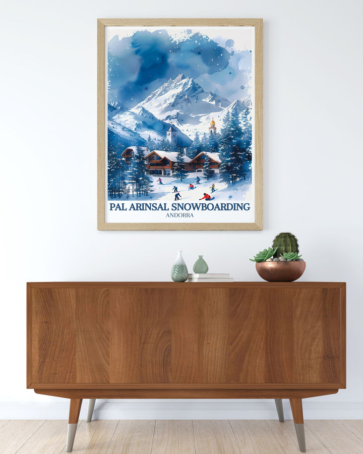 National Park Poster of Andorra depicting the picturesque Pyrenees Mountains Vallnord ski area and Sant Andreu church perfect wall decor for adventure lovers and those who appreciate elegant framed prints