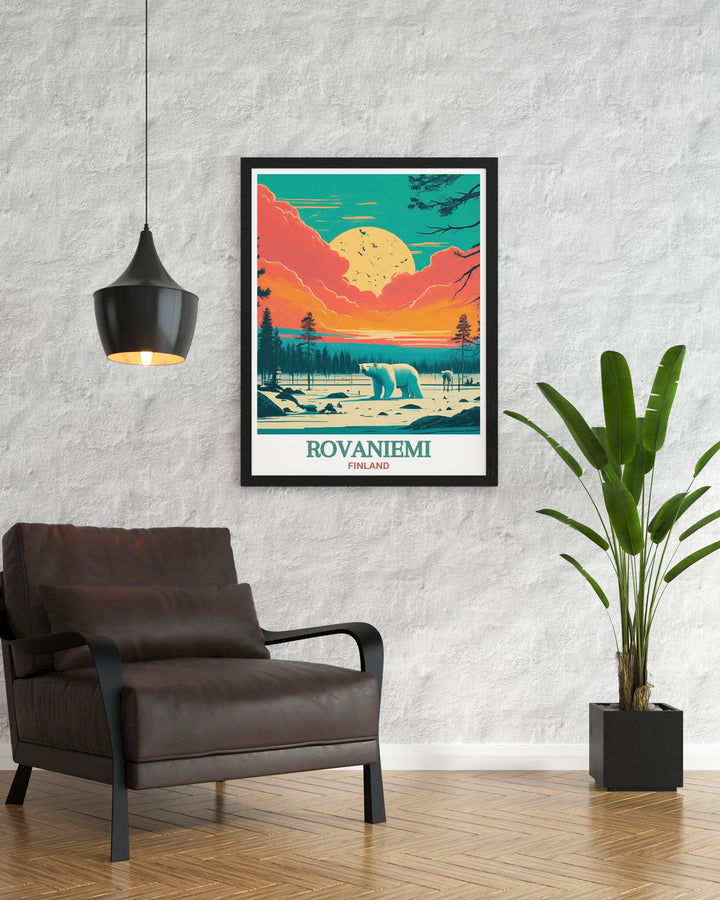 A stunning art print depicting the wild beauty of Rovaniemi, Finland, with a focus on the serene landscapes and the captivating wildlife of Ranua Wildlife Park. This artwork brings the Arctic magic of Finnish Lapland into your home.