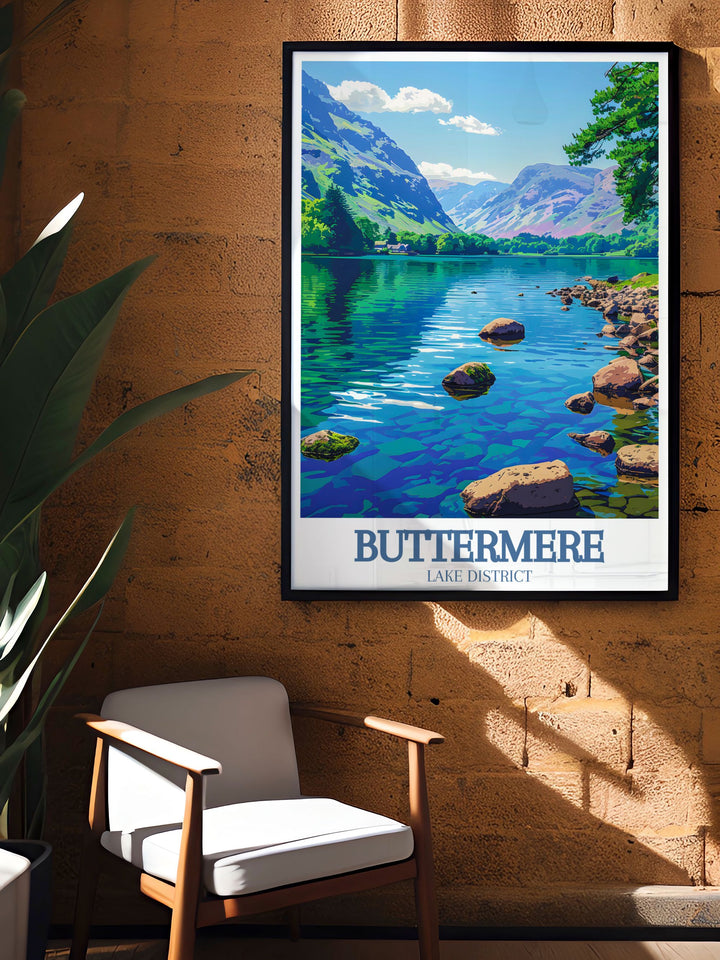 The natural beauty of Buttermere Lake and the dramatic landscapes of the Honister Pass are captured in this travel poster, making it an excellent addition to any nature or landscape lovers collection.