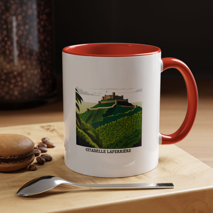 A beautifully designed Laferriere Citadel Haiti mug featuring vibrant artwork of Haiti's historic landmark. Perfect for coffee lovers, this durable mug is microwave-safe and dishwasher-safe, making it an ideal gift or keepsake for travelers and history enthusiasts.