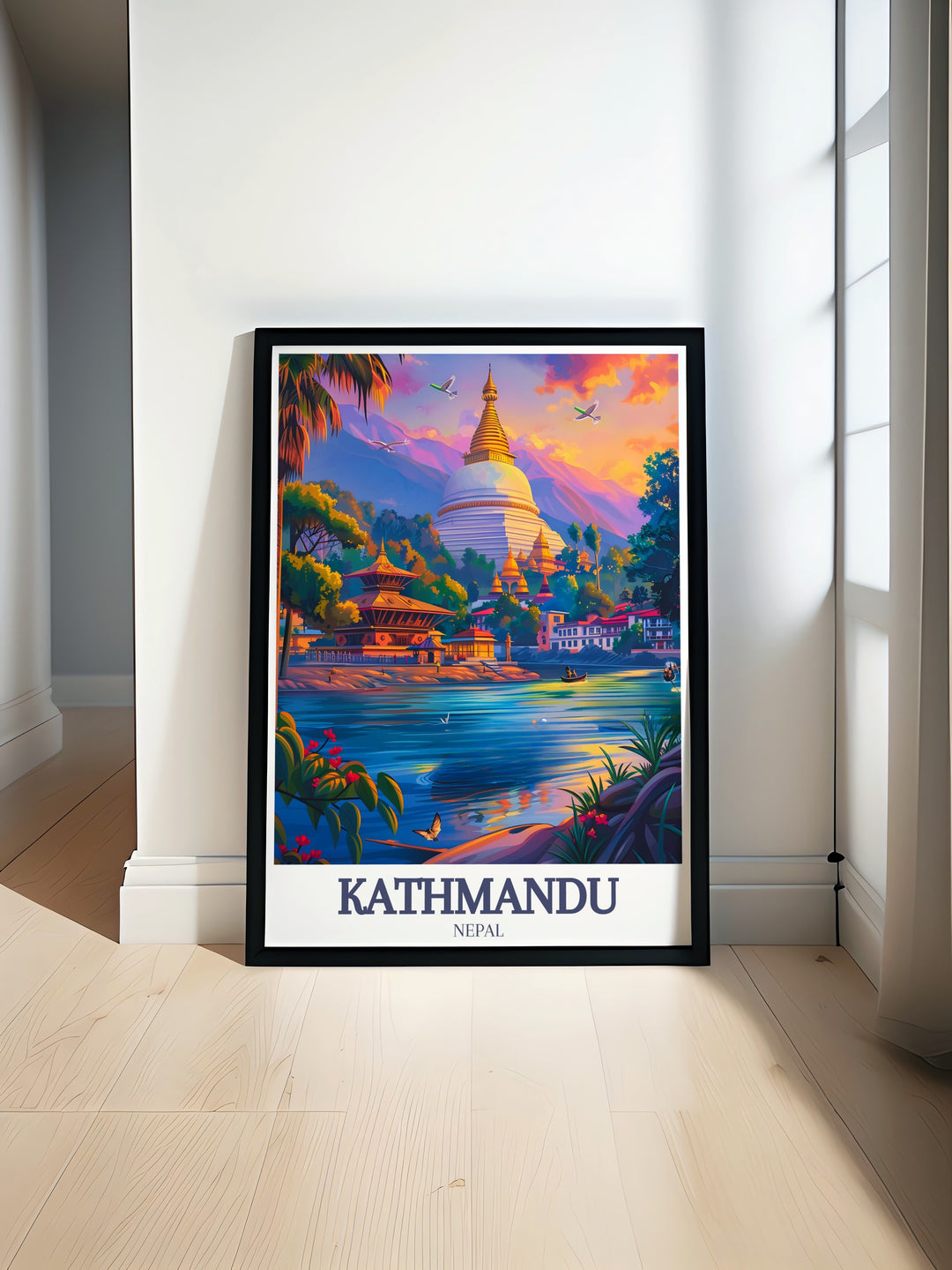 Experience the magic of Nepal with this Kathmandu art print, showcasing the towering heights of Mount Everest and the historical significance of Durbar Square. A timeless addition to any art collection.