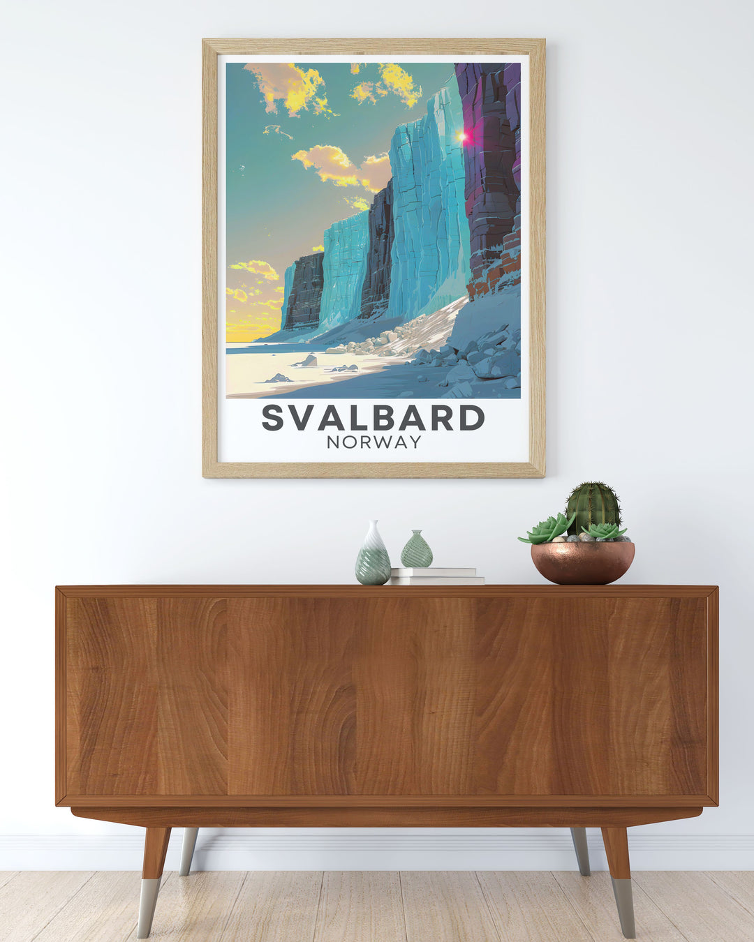 Captivating Svalbard painting of the Nordenskiold Glacier. Perfect for modern and vintage art lovers this travel poster print makes a unique and personalized gift.