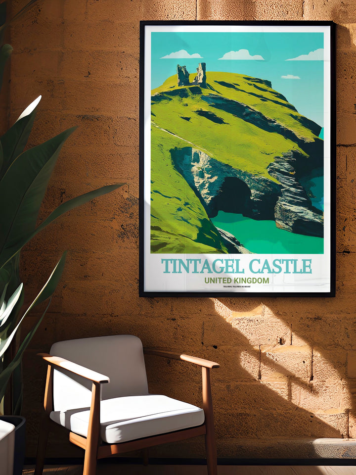 Framed Art of Tintagel Castle and Merlins Cave, beautifully illustrating the historic sites ties to King Arthur and the mythical stories of Cornwall. This print is perfect for adding a sense of adventure and mystery to your space.