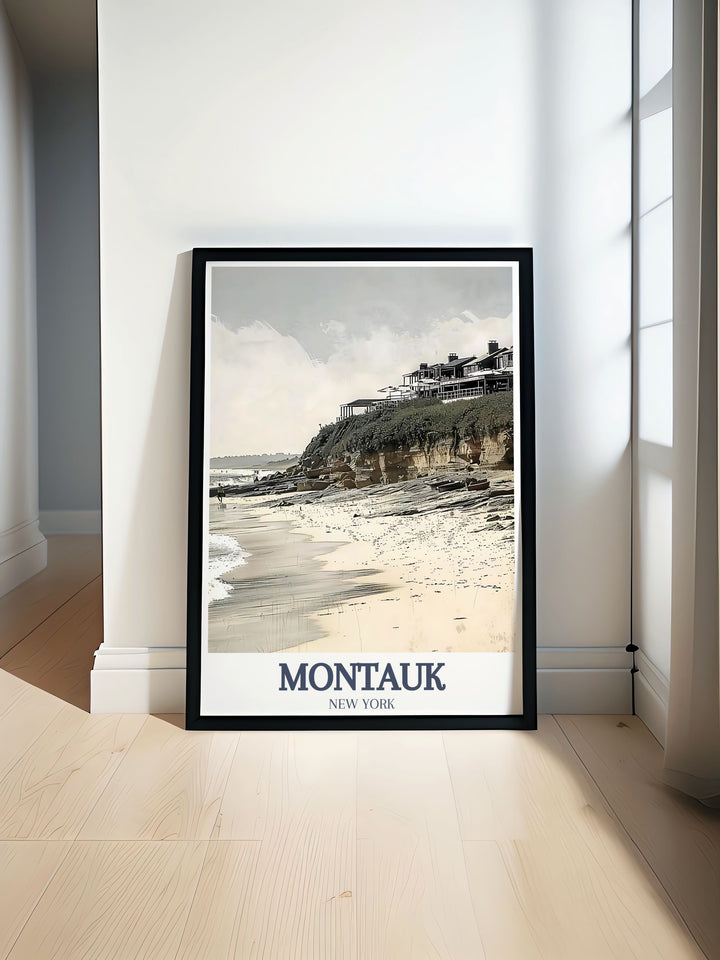 Black and white Montauk Poster Print featuring Ditch Plains Beach and Montauk Harbor ideal for elegant home decor and gifts