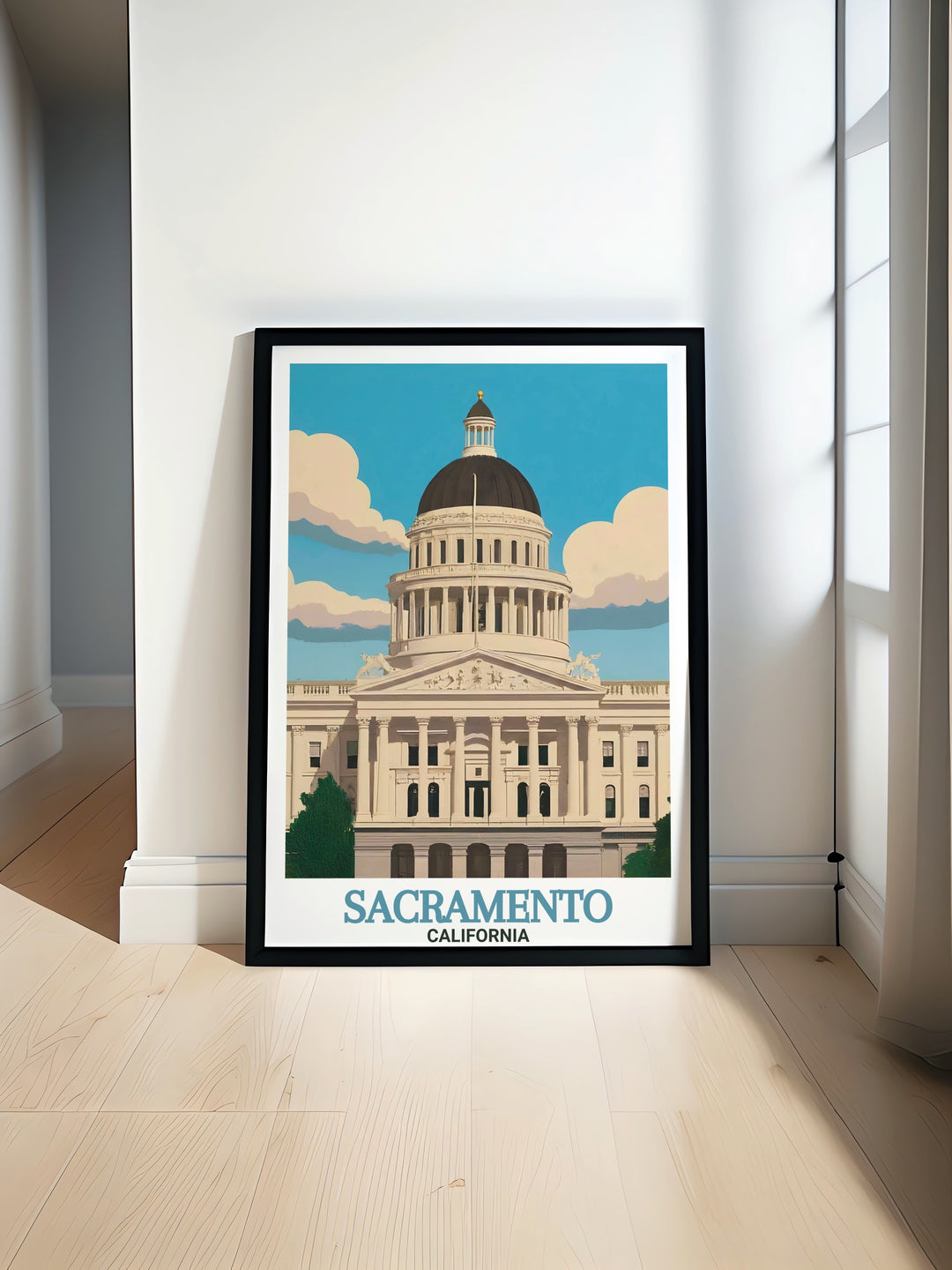 Elegant black and white Sacramento Print featuring a detailed street map of the city with California State Capito making it a perfect addition to any living room bedroom or office wall decor capturing the citys unique charm and sophistication.