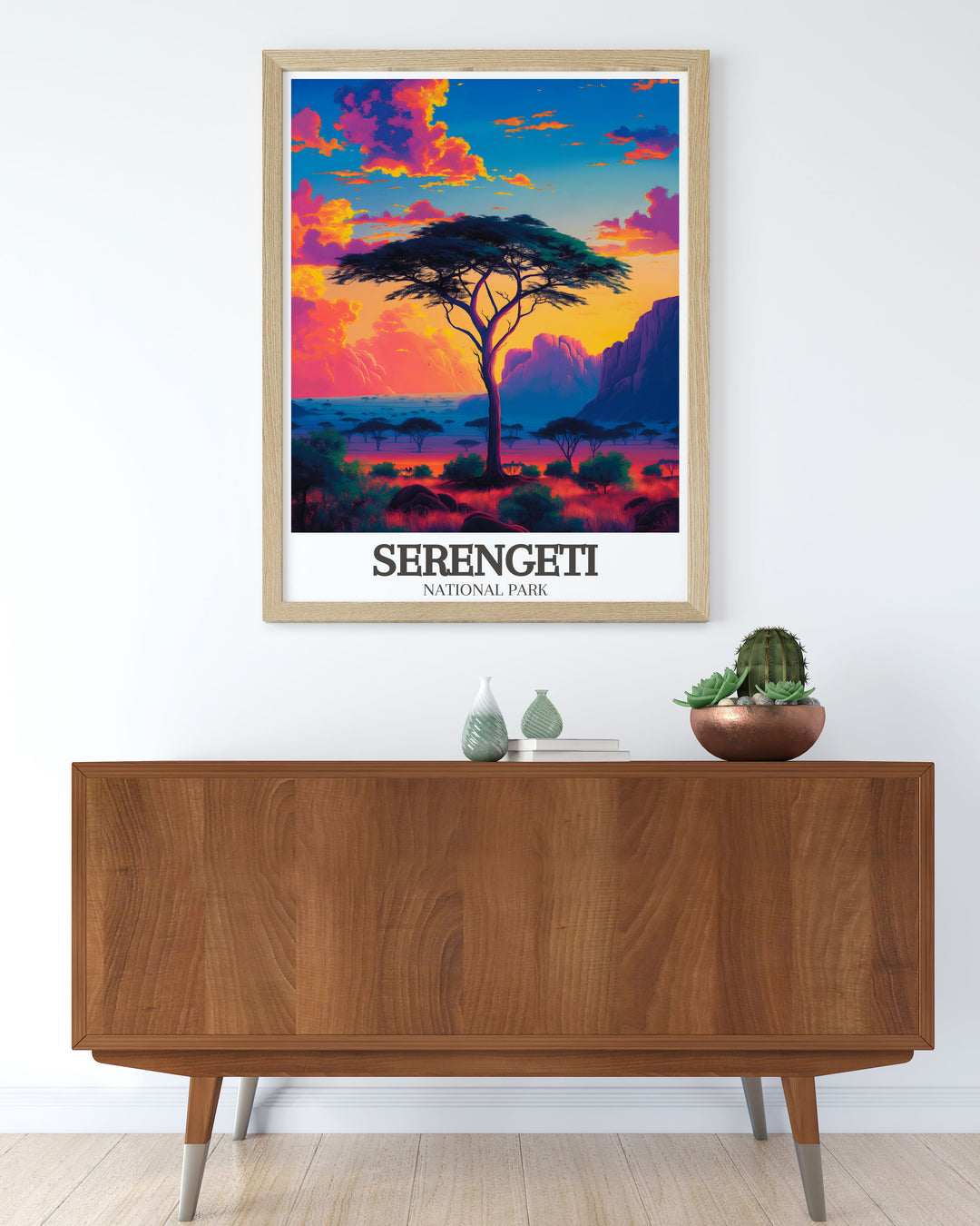 Vintage Tanzania print of Acacia tree savanna with giraffes roaming under the sunset a perfect addition to your collection of national park posters