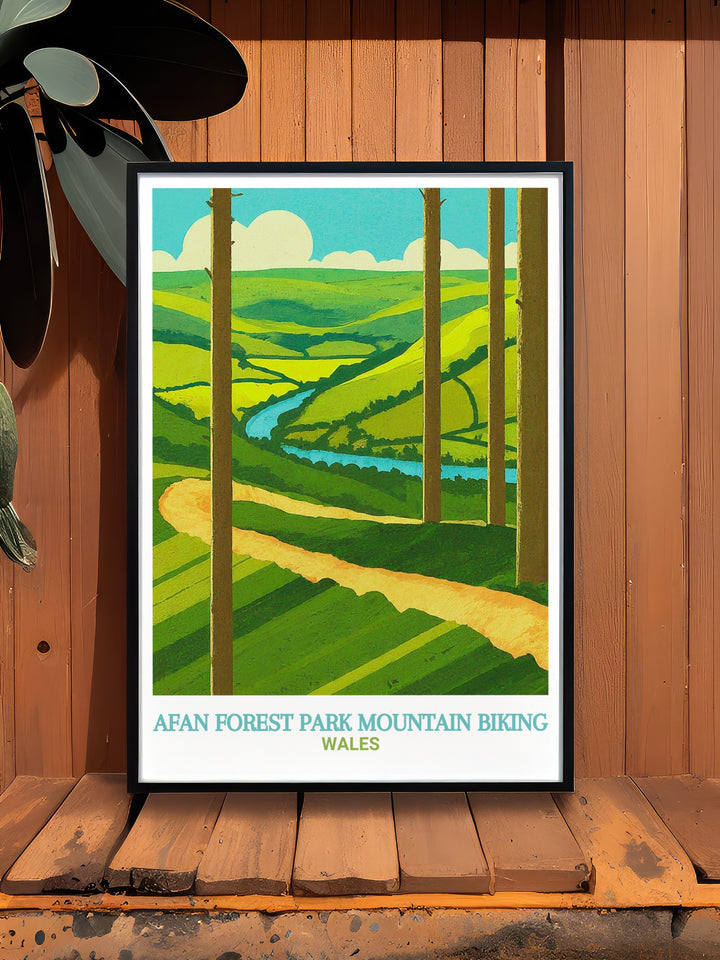 Penhydd Trail travel print featuring the thrilling MTB trail in Afan Forest Park, South Wales. The artwork captures the intense climbs and natural beauty of the landscape, perfect for mountain biking fans who love exploring South Wales.