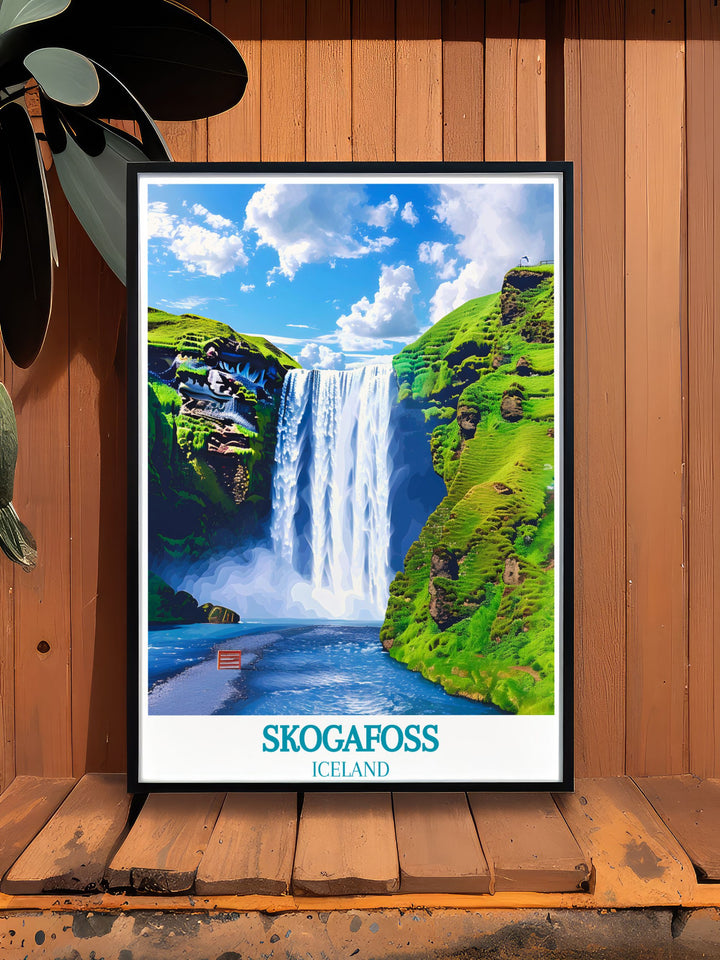 Celebrate the stunning landscapes of Iceland with this detailed art print of Skogafoss, showcasing the waterfalls impressive height and the surrounding greenery.