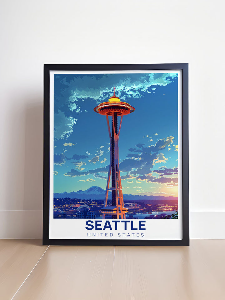 Space Needle Artwork providing a stylish addition to home decor with its elegant depiction of Seattles skyline. Ideal for enhancing any room with a modern and sophisticated look. Celebrates the iconic landmark with vibrant colors and detailed design.