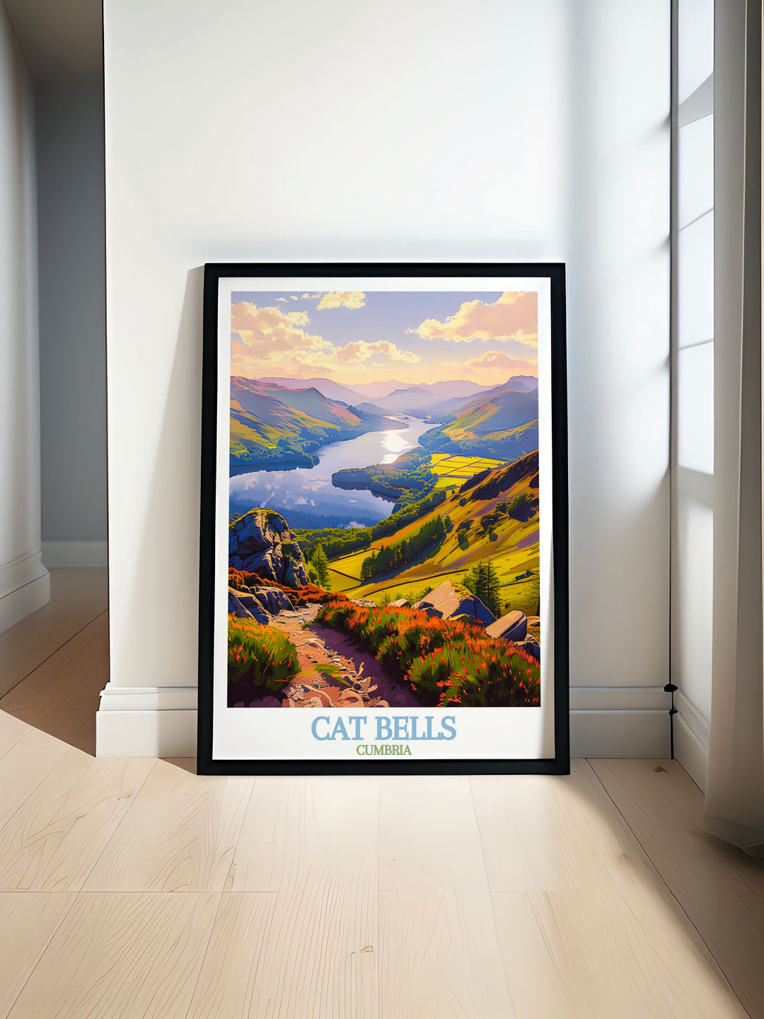 Cat Bells Summit travel poster featuring the serene landscape of Derwentwater in the Lake District perfect for adding a touch of nature to your home decor with detailed illustrations and vibrant colors ideal for wall decor and gifts for nature lovers.