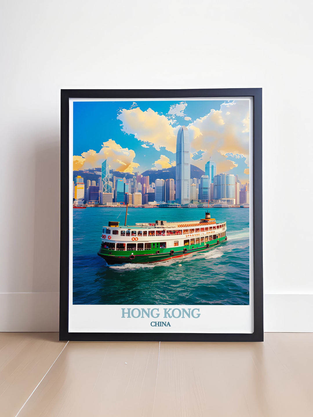 The iconic Star Ferry against the backdrop of Hong Kongs skyline, capturing the timeless charm and modern vibrancy of this bustling city. Ideal for those who appreciate urban landscapes and historical landmarks.