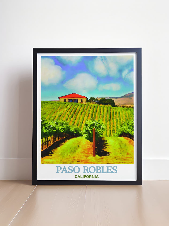 Bring the scenic charm of Paso Robles Vineyards and Wineries into your home with this stunning travel poster. Perfect for wine lovers and travelers, this California art print adds elegance and warmth to any space.