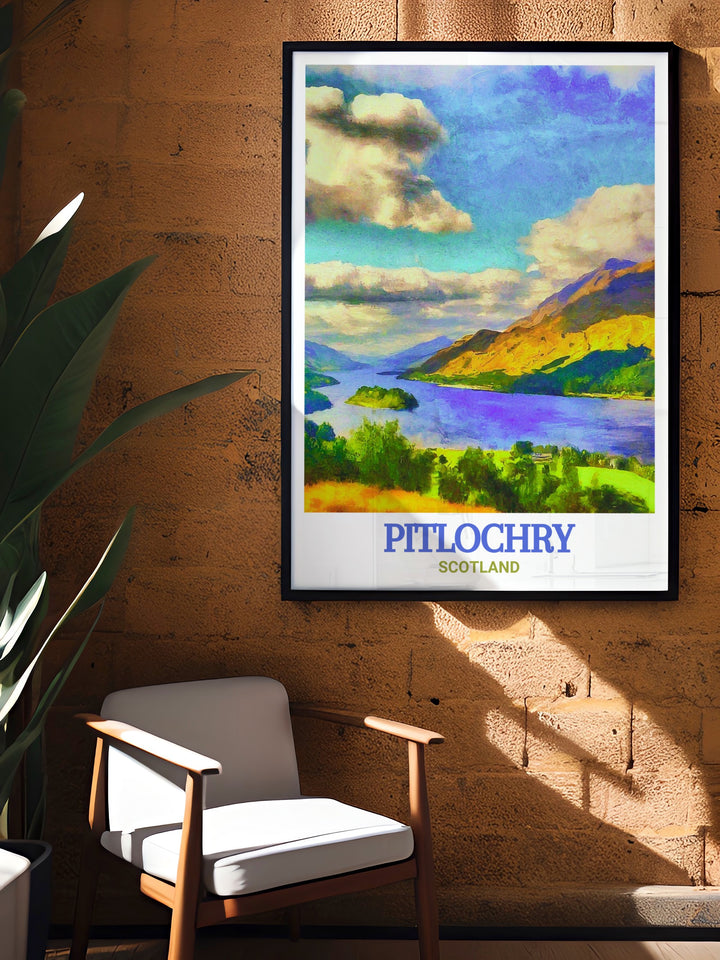 Scotland vintage poster featuring the Queens View in Pitlochry, surrounded by the lush greenery of the Highlands. This custom print adds a timeless touch to your wall décor, ideal for anyone who loves Scotlands scenic beauty and historical significance.