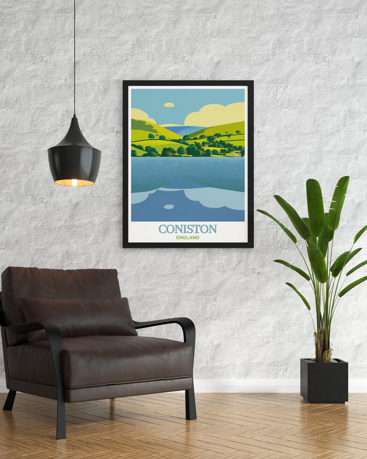 Custom art print of Coniston Water, featuring a stunning depiction of the Lake Districts serene landscape, including the iconic lake and its picturesque environment.