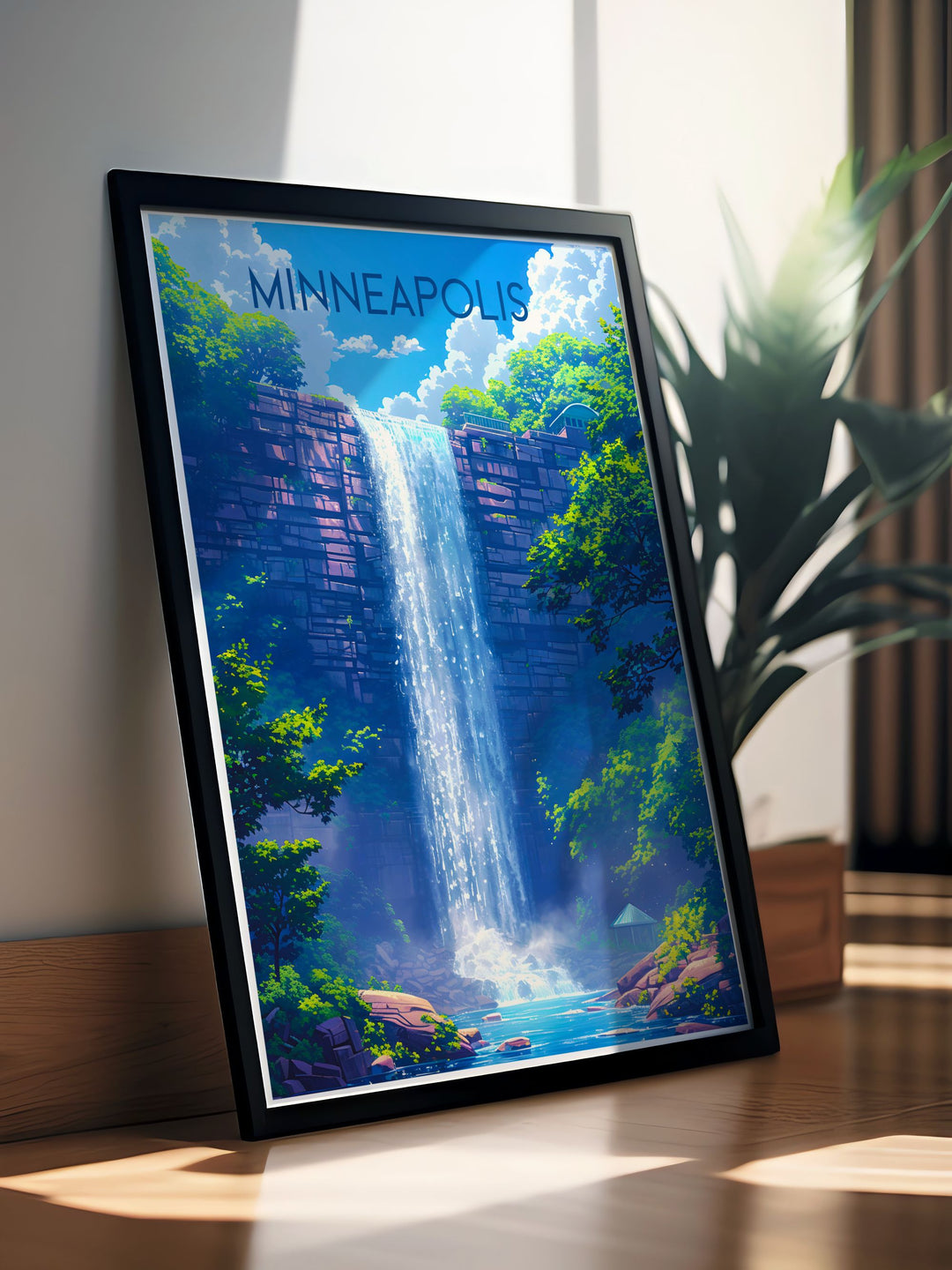 This travel poster beautifully depicts the dynamic city life of Minneapolis and the serene beauty of Minnehaha Falls, ideal for adding a touch of urban and natural elegance to any room.