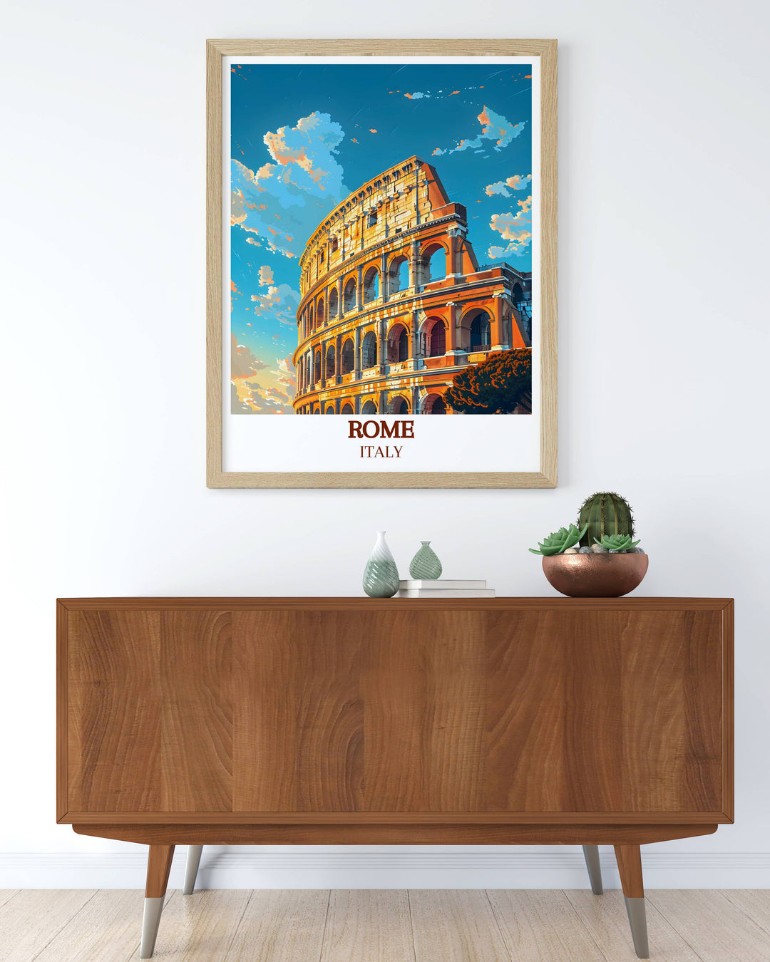 Charming Rome Wall Art featuring The Colosseum in a modern illustration. This Italy art print adds sophistication to any living space and makes a thoughtful travel gift for art lovers.