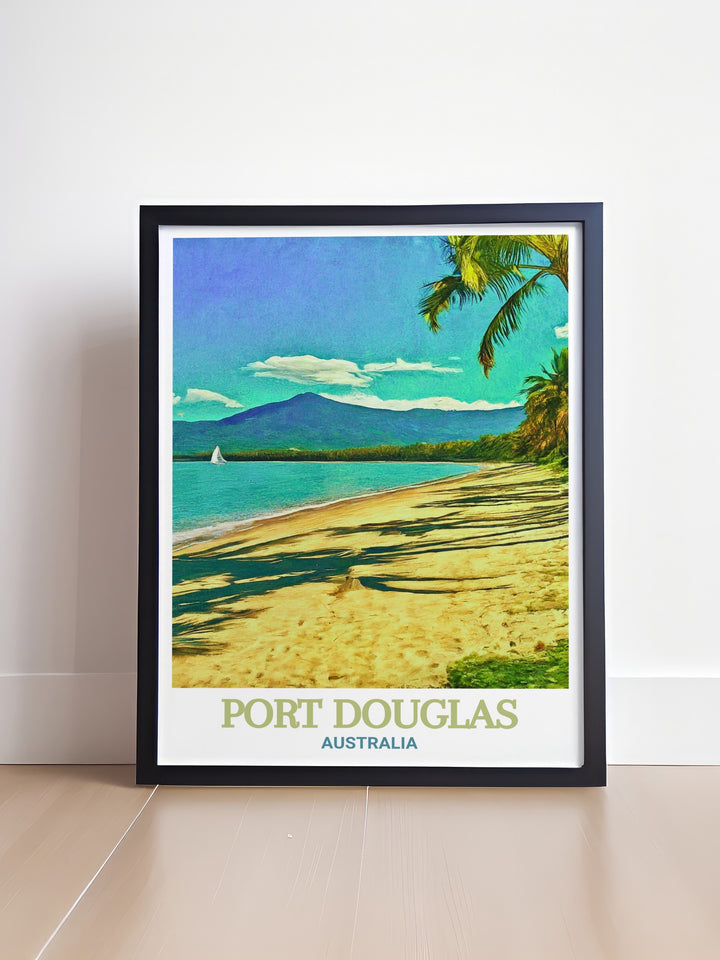 Add a piece of Australia to your home with this Port Douglas poster. Featuring the serene Four Mile Beach, this artwork is a great travel memento or gift for those who appreciate the natural wonders of Australias coastline.