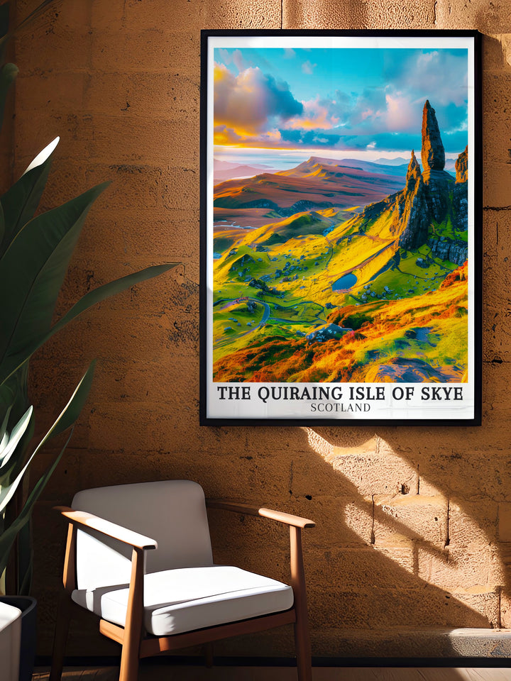 Captivating artwork of The Quiraing Isle of Skye featuring The Needle and picturesque views of Trotternish Ridge designed to bring the rugged beauty of Scotland into your home with its detailed and vibrant print perfect for wall art enthusiasts.