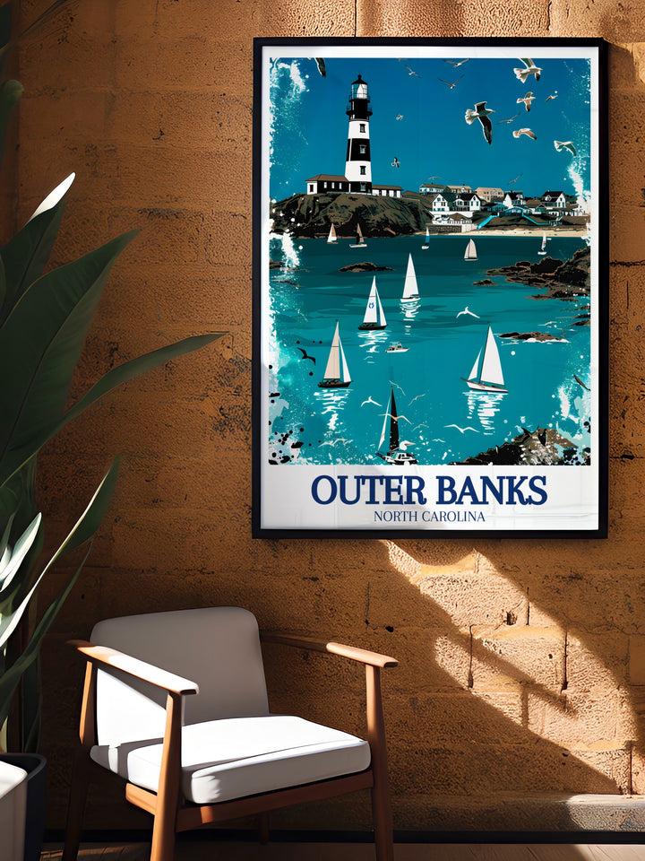 Hatteras Island Framed Art offering a detailed view of the islands picturesque beaches, historic sites, and vibrant wildlife. The framed artwork is perfect for those who appreciate the natural beauty and rich history of the Outer Banks, adding a touch of coastal charm to any room.