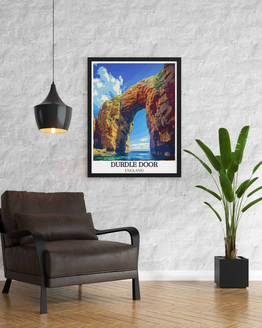 Durdle Door Arch captured in a vintage travel print highlighting the beauty of the Jurassic Coast in Dorset perfect for wall art and home decor bringing the stunning scenery of this iconic landmark into your home ideal for gifts and collectors.