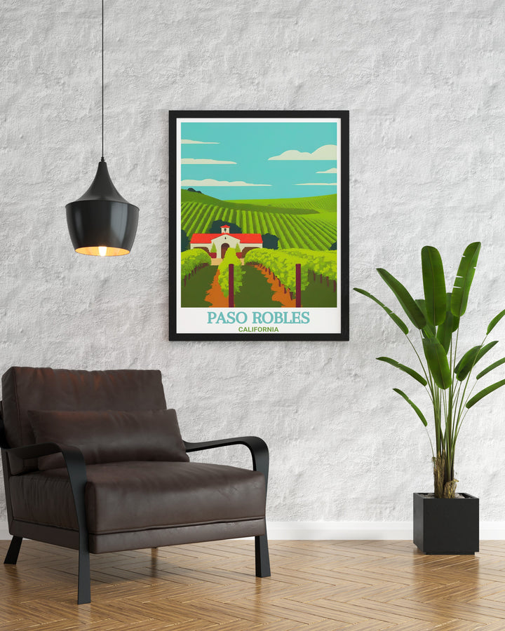 Paso Robles Wine Country, with its stunning vineyards and iconic landscapes, is brought to life in this art print. A must have for those who appreciate Californias natural beauty and fine wines, this poster adds elegance to any room.