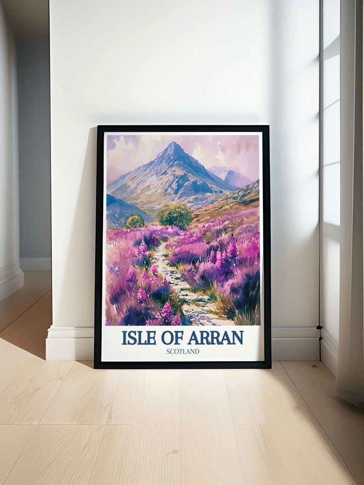 The tranquility of the Isle of Arran captured in a wall print, emphasizing its stunning coastal views and lush landscapes. This travel print is a beautiful reminder of the peaceful moments spent in Scotlands idyllic settings.