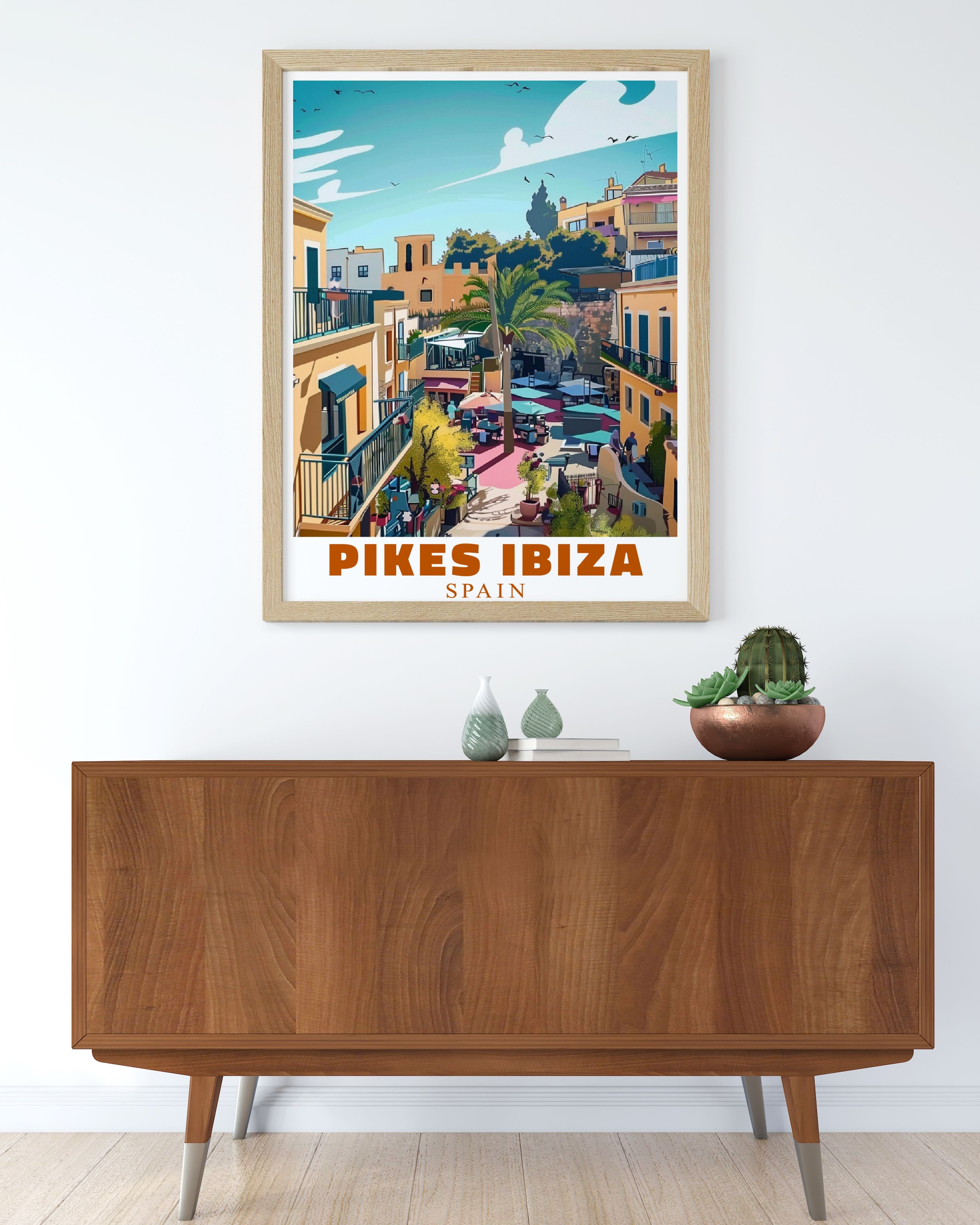 Ibiza nightclub art print in a stylish home bar setting