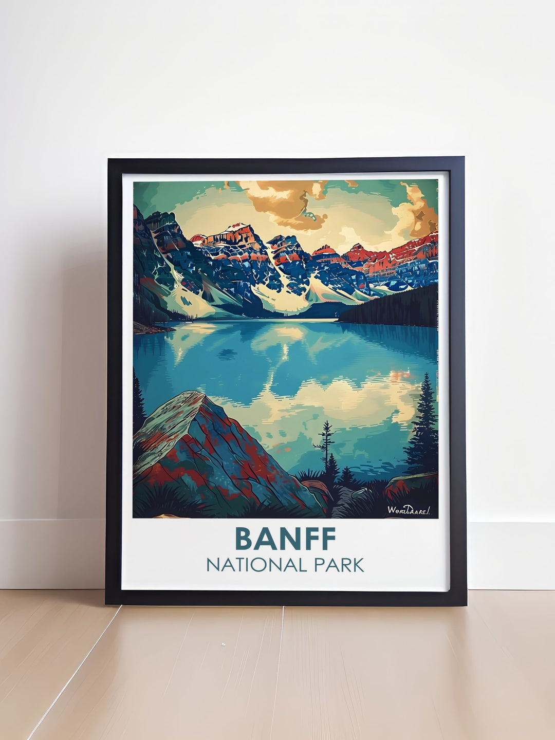 Banff National Park modern wall decor showcasing vibrant autumn colors against majestic mountain backdrops, ideal for enhancing any living space.