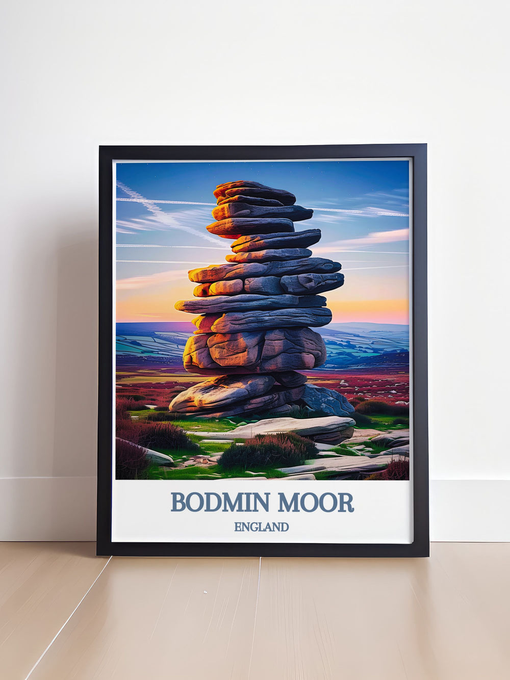 Cheesewring Home Decor, featuring a detailed and vibrant canvas art of the Cheesewring rock formation in Bodmin Moor, England, ideal for nature lovers and those who appreciate unique geological landmarks.