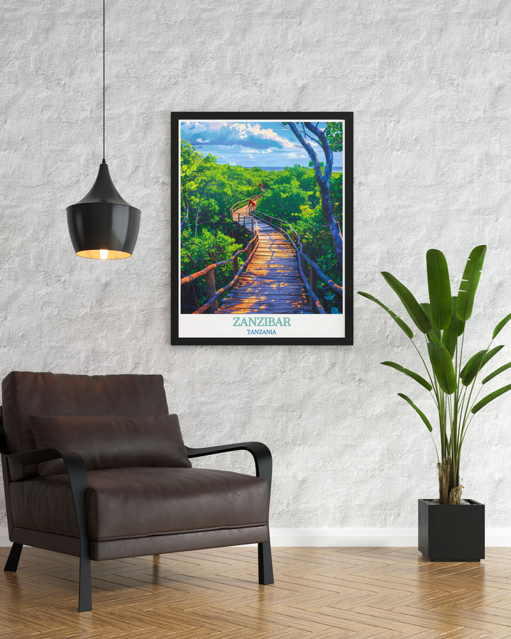Stunning Jozani Forest artwork showcasing the vibrant flora and fauna of Zanzibar ideal for anyone who loves nature and wants to bring the beauty of the forest into their living space with beautifully crafted prints that make perfect gifts.