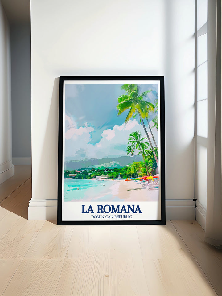 Saona Island and the Caribbean Sea are brought to life in this vibrant wall art. Featuring stunning imagery from La Romana, this art print is the perfect piece for anyone looking to add a pop of color and serenity to their home, celebrating the beauty of the Dominican Republic.