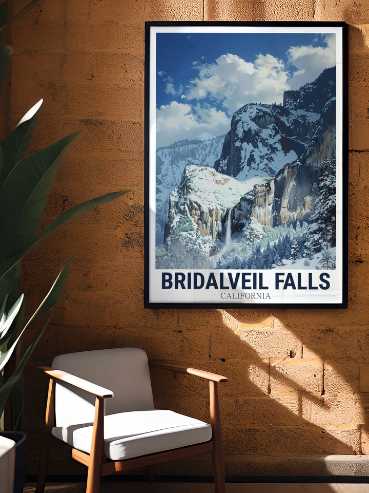 View from winter travel poster featuring Bridalveil Falls a stunning piece of California artwork that captures the essence of Yosemite National Park. Perfect for nature lovers and those who appreciate California decor this print adds elegance to any room.