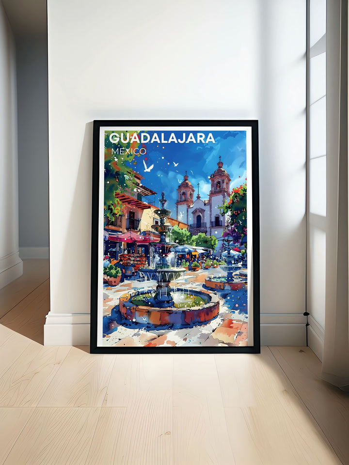 Showcasing the blend of history and modernity in Plaza Tapatía, this travel poster features detailed illustrations of the plazas iconic landmarks and vibrant scenes.