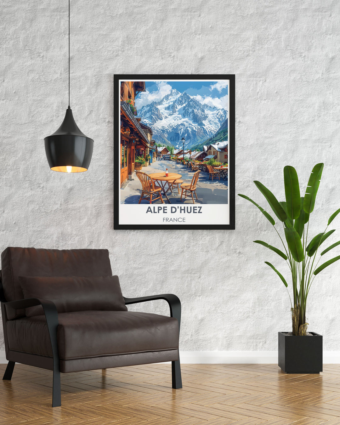 Custom ski print featuring a panoramic view of LAlpe dHuez Village, ideal for personalizing with your ski trip memories.