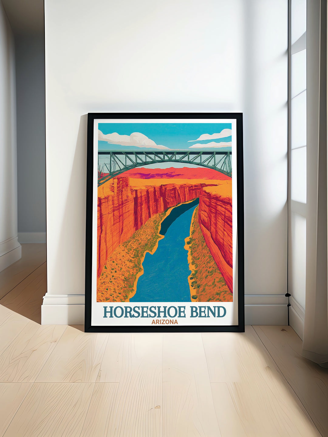 This canvas art print of Horseshoe Bend and Navajo Bridge captures the awe inspiring landscapes of Arizona, making it an ideal gift for nature lovers and fans of National Park art.