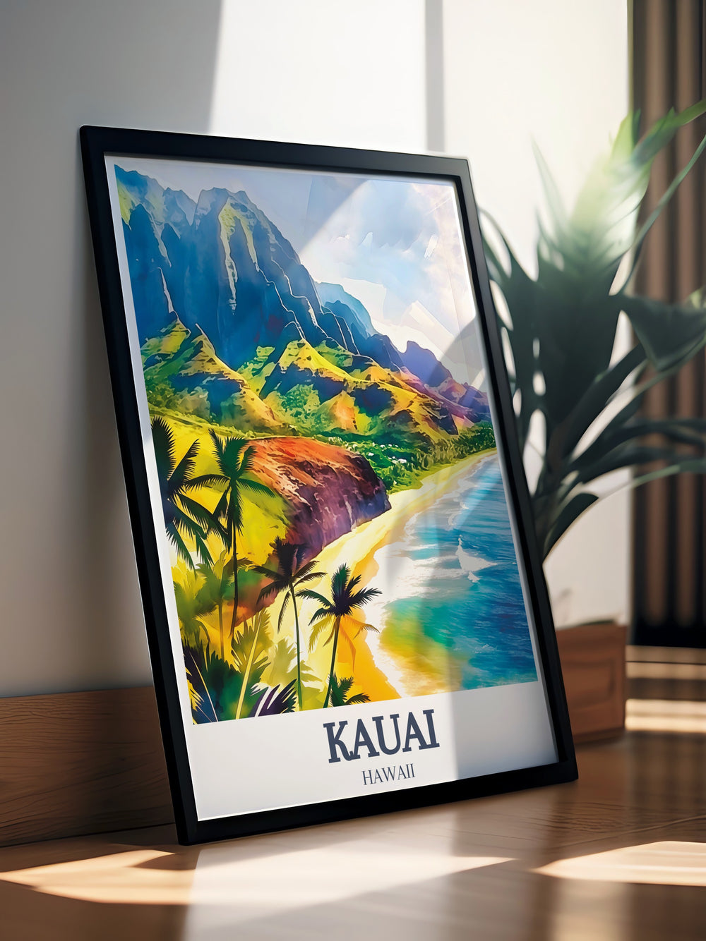 a picture of kauai on a table next to a potted plant