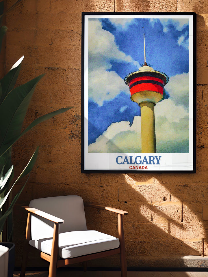 Celebrate Calgary with a stunning Calgary Tower vintage print. This artwork is ideal for those who love historical charm combined with modern artistry, making it a perfect addition to any Canada travel gift collection.