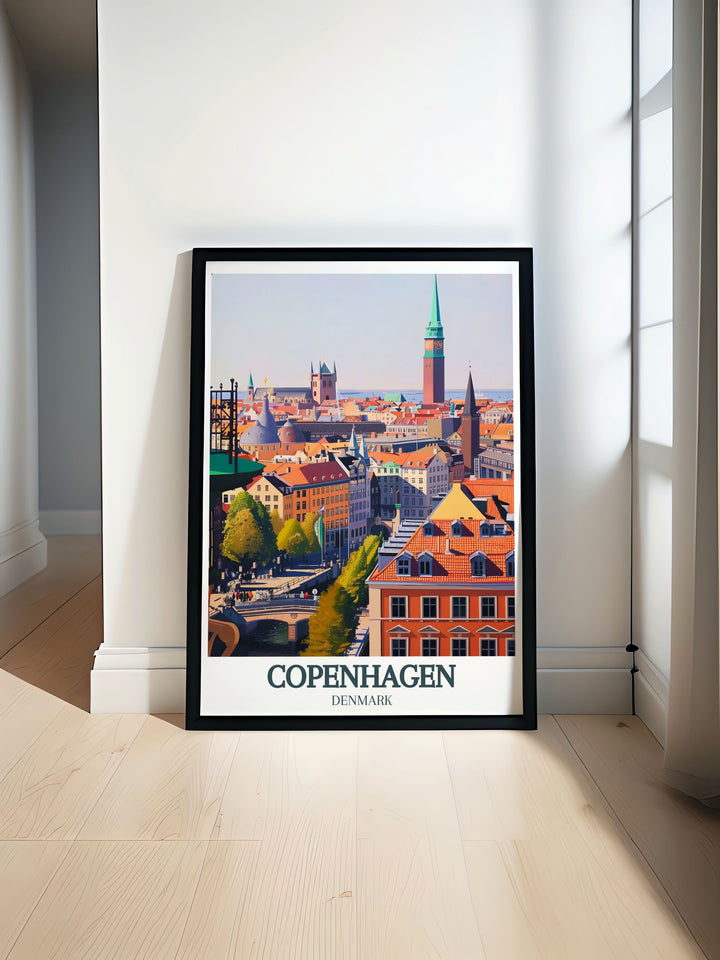 Experience the charm of Denmark with this Copenhagen print featuring The Round Tower view, Copenhagen city hall. Perfect for adding a touch of European elegance to your home decor. A great choice for art enthusiasts and travelers alike.